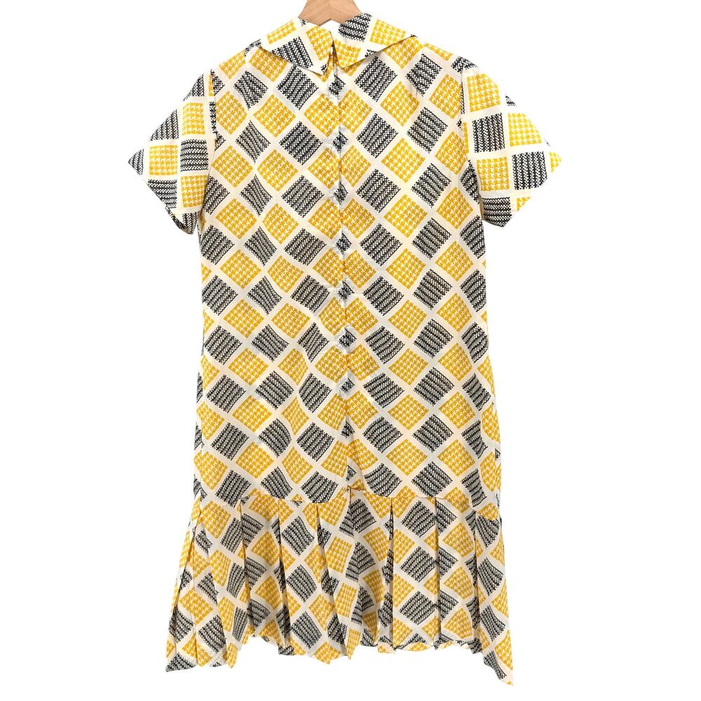 Vintage 60s Handmade Yellow Geometric Check Pleated Drop Waist Dress - Picture 5 of 7